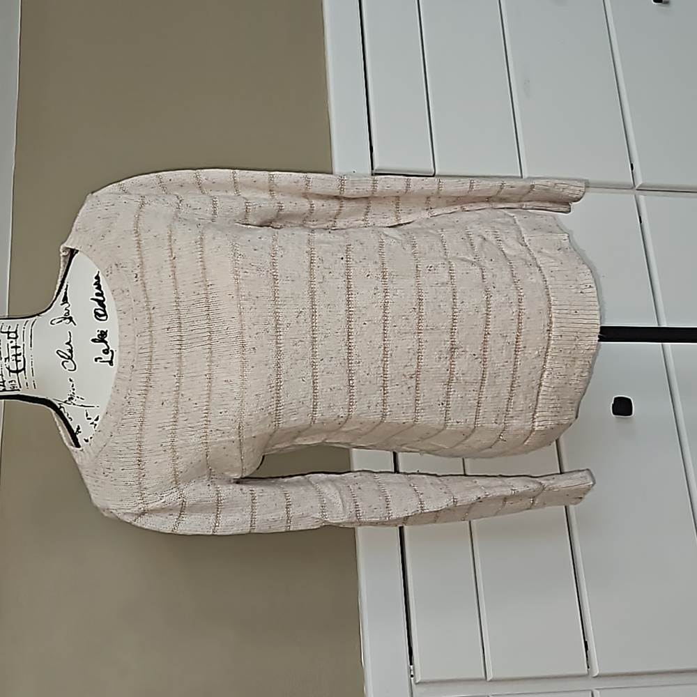 Loft Outlet Striped Sweater with Rose Gold thread, Cream, pink speckled, size m